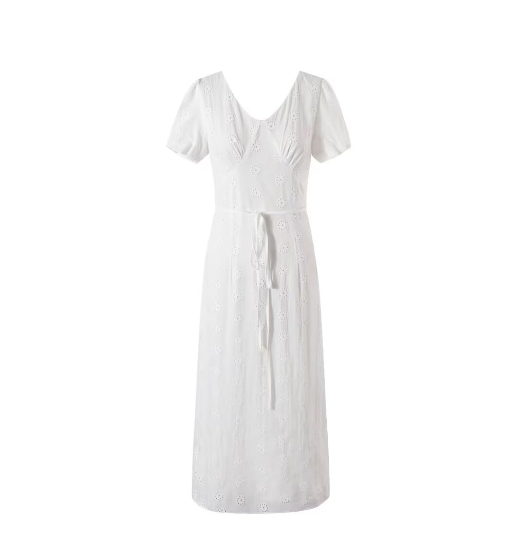 Summer High Grade Embroidered Dress Women Elegant Tied Waist Trimming Short Sleeved Long Dress PullWind