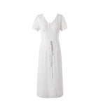 Summer High Grade Embroidered Dress Women Elegant Tied Waist Trimming Short Sleeved Long Dress PullWind