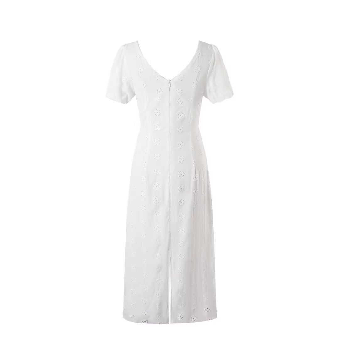 Summer High Grade Embroidered Dress Women Elegant Tied Waist Trimming Short Sleeved Long Dress PullWind