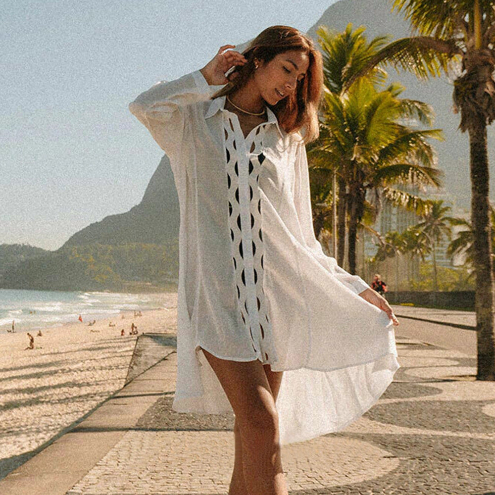 Slub Cotton Patchwork Edge Shirt Sun Protection Cardigan Vacation Beach Coat Bikini Cover up Blouse EvenStar