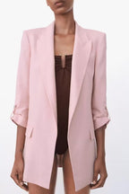 Summer Roll Sleeve Linen Blended Solid Color Casual Blazer SenDa