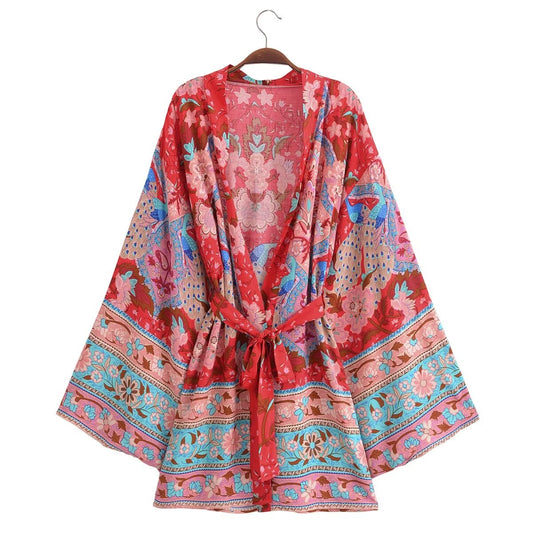 Cárdigan tipo kimono corto con cinturón de rayón de verano