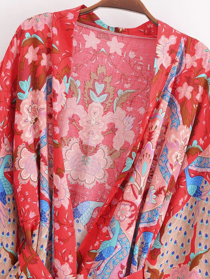 Cárdigan tipo kimono corto con cinturón de rayón de verano