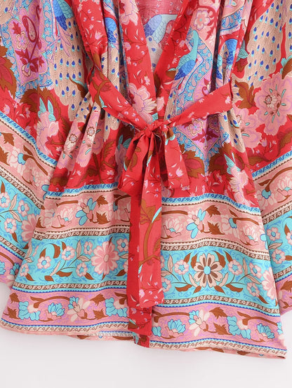 Cárdigan tipo kimono corto con cinturón de rayón de verano