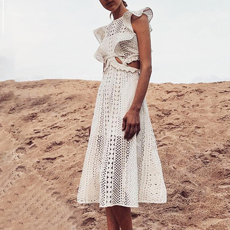Spring round Neck Short Sleeve Lace Stitching Waist Baring Slim Fit Midi Dress BOCAS