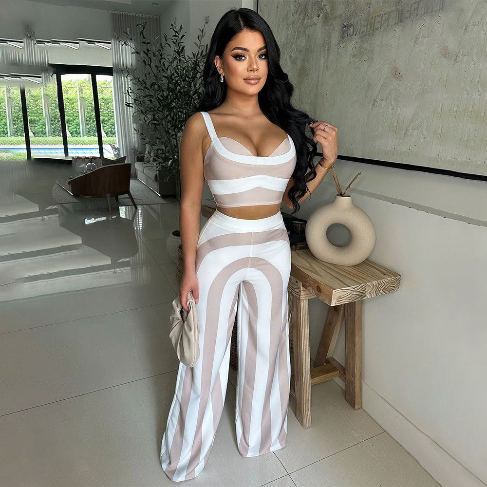 Women Clothing Summer Popular Striped Sling Casual Set MOOYAA