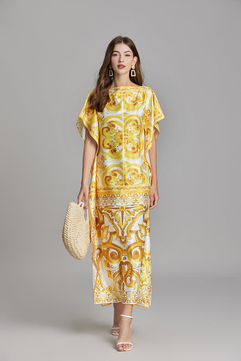 Women Summer Short Sleeve Printed Elegant A Line Maxi Dress ESUNG