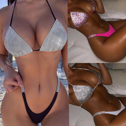 Maillot de bain bikini fendu à diamants de couleur unie populaire