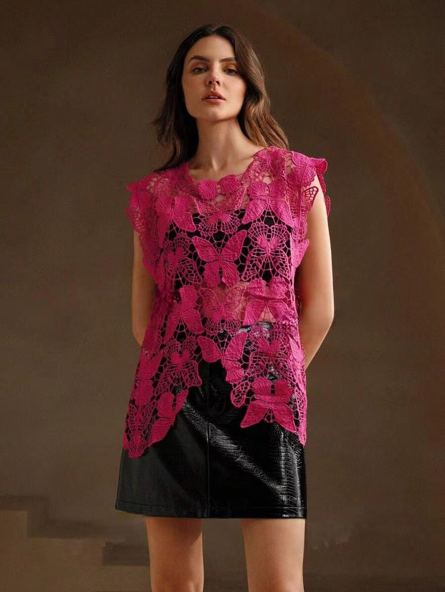 Women Summer Solid Summer Sleeveless Top Crochet hook Reddy