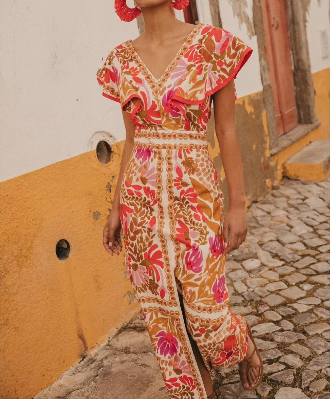 Vintage Printed V Neck Maxi Dress Elegant High Waist Slim Fit Dress Shell