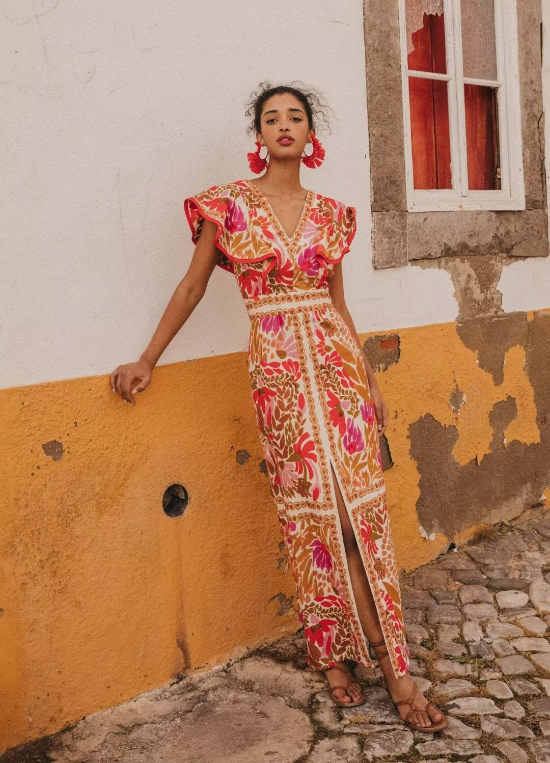 Vintage Printed V Neck Maxi Dress Elegant High Waist Slim Fit Dress Shell
