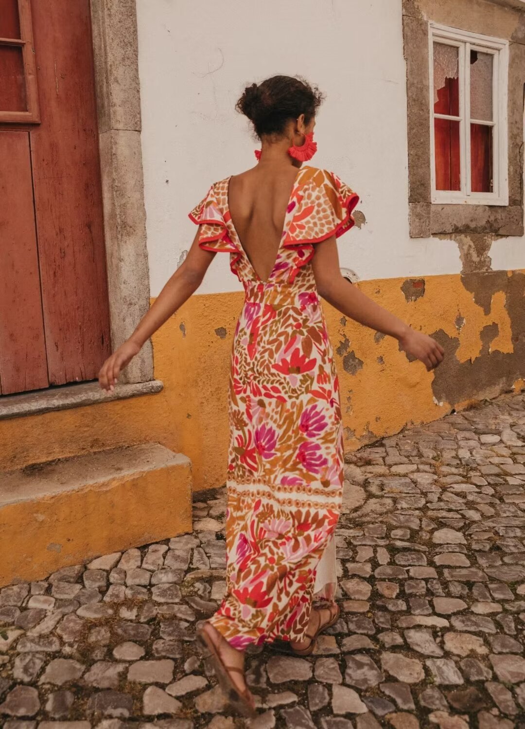 Vintage Printed V Neck Maxi Dress Elegant High Waist Slim Fit Dress Shell