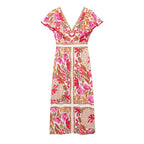 Vintage Printed V Neck Maxi Dress Elegant High Waist Slim Fit Dress Shell