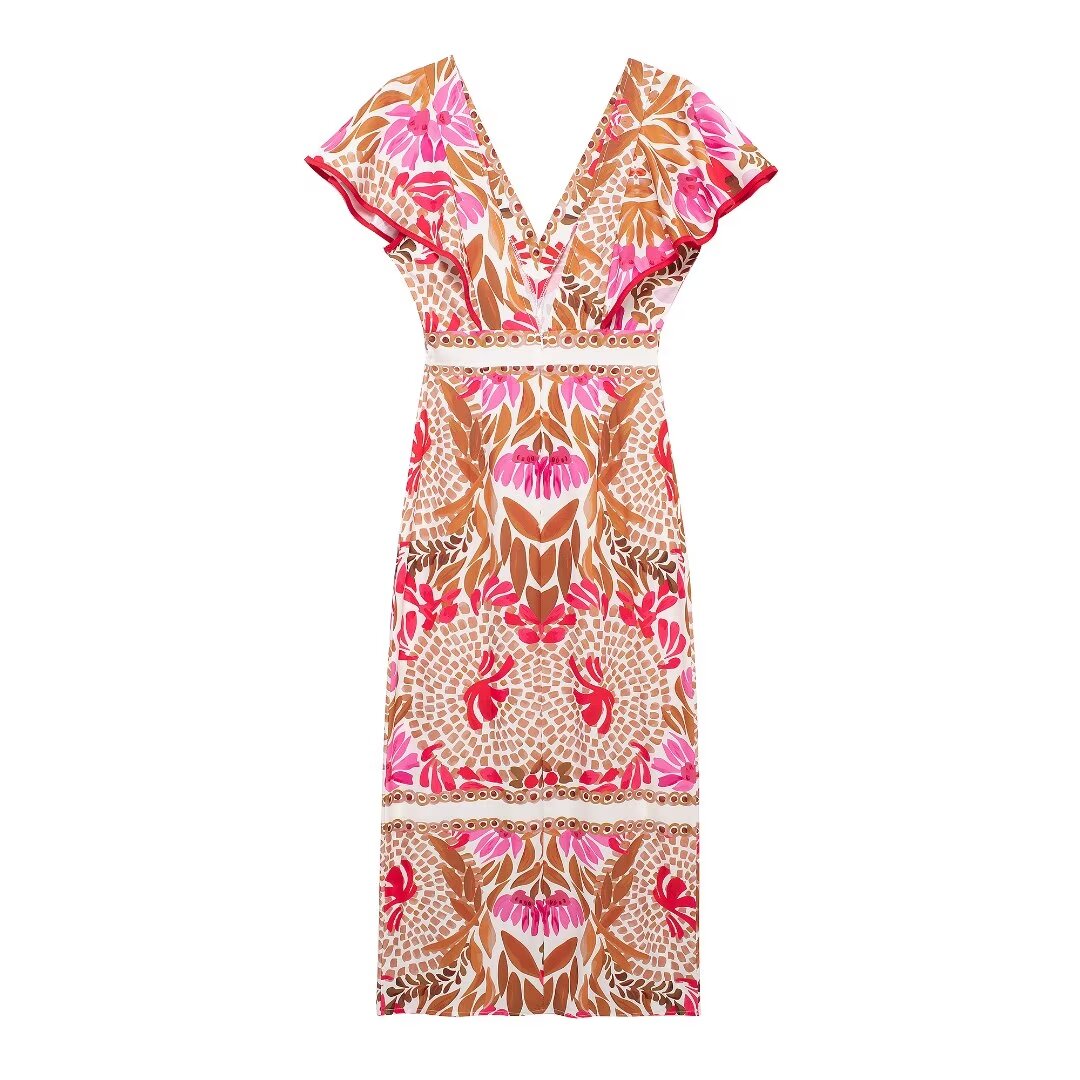 Vintage Printed V Neck Maxi Dress Elegant High Waist Slim Fit Dress Shell