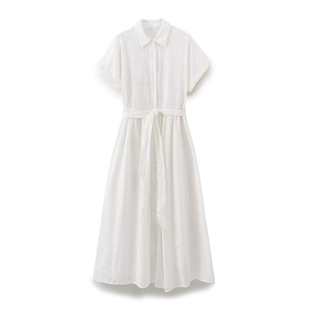 Women Clothing Hollowed out Embroidered Pleated Long Dress Howe