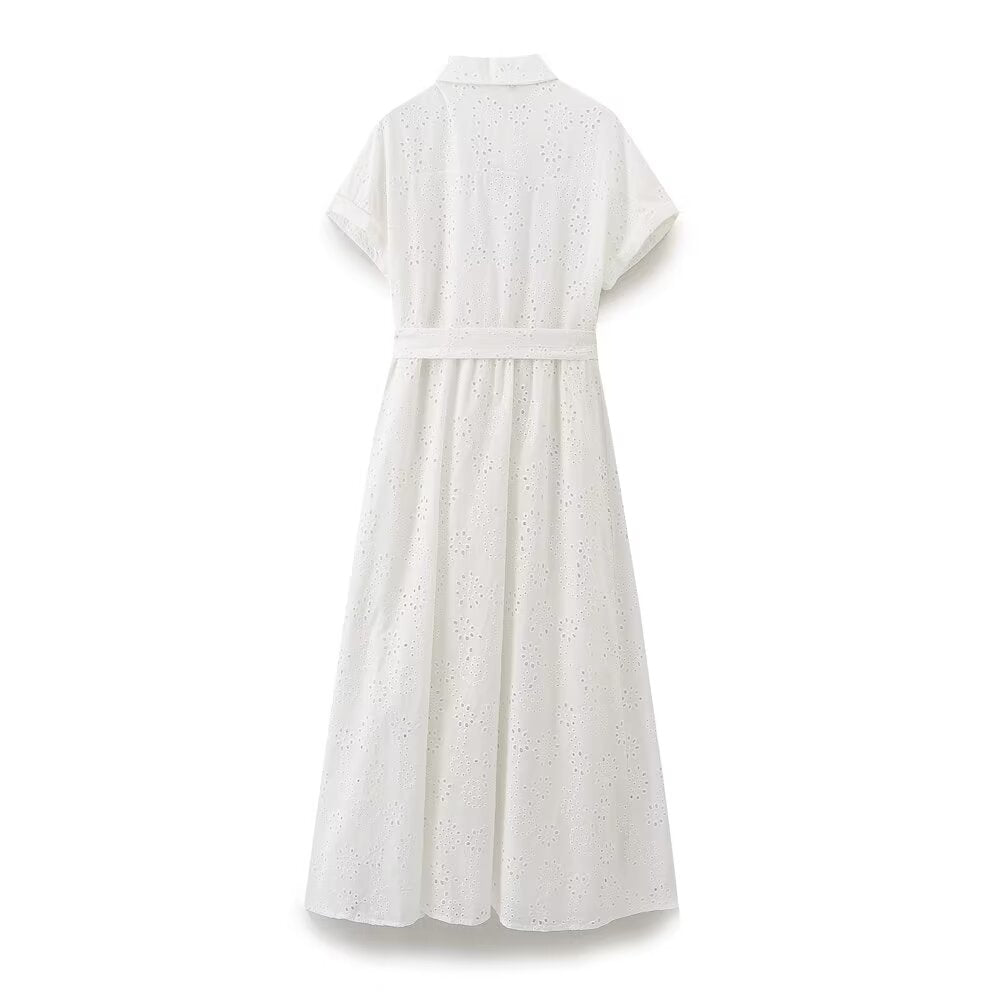 Women Clothing Hollowed out Embroidered Pleated Long Dress Howe