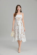 Women Summer Solid Embroidery Belted A Line Maxi Dress ESUNG
