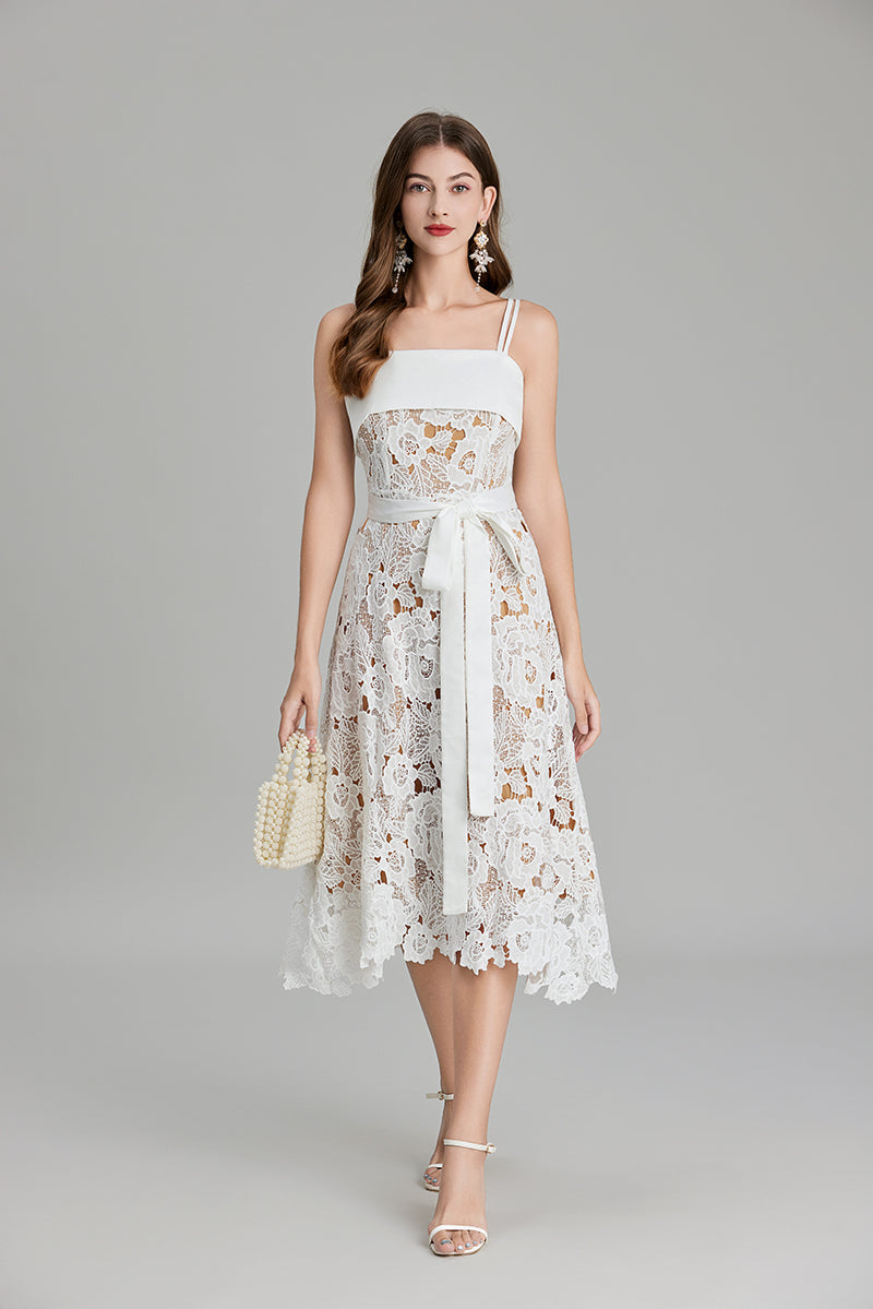 Women Summer Solid Embroidery Belted A Line Maxi Dress ESUNG