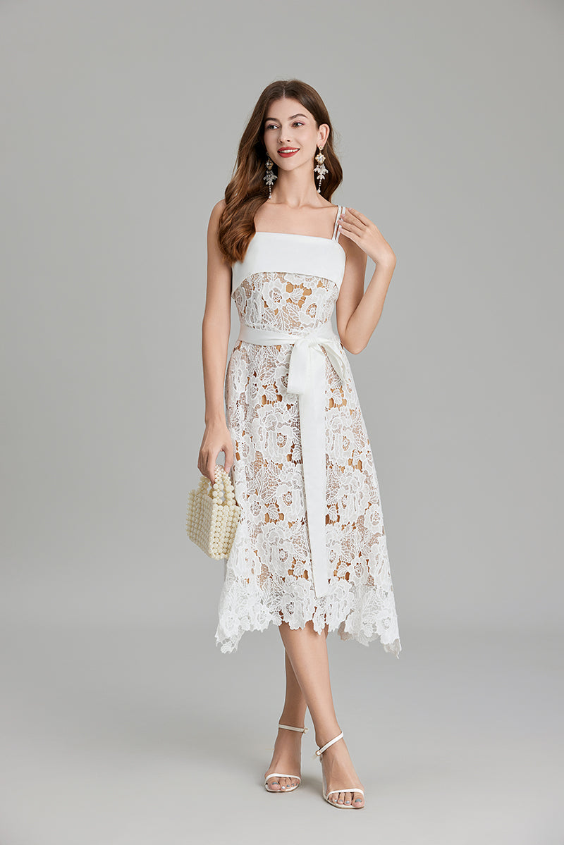 Women Summer Solid Embroidery Belted A Line Maxi Dress ESUNG