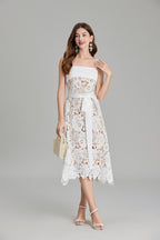 Women Summer Solid Embroidery Belted A Line Maxi Dress ESUNG