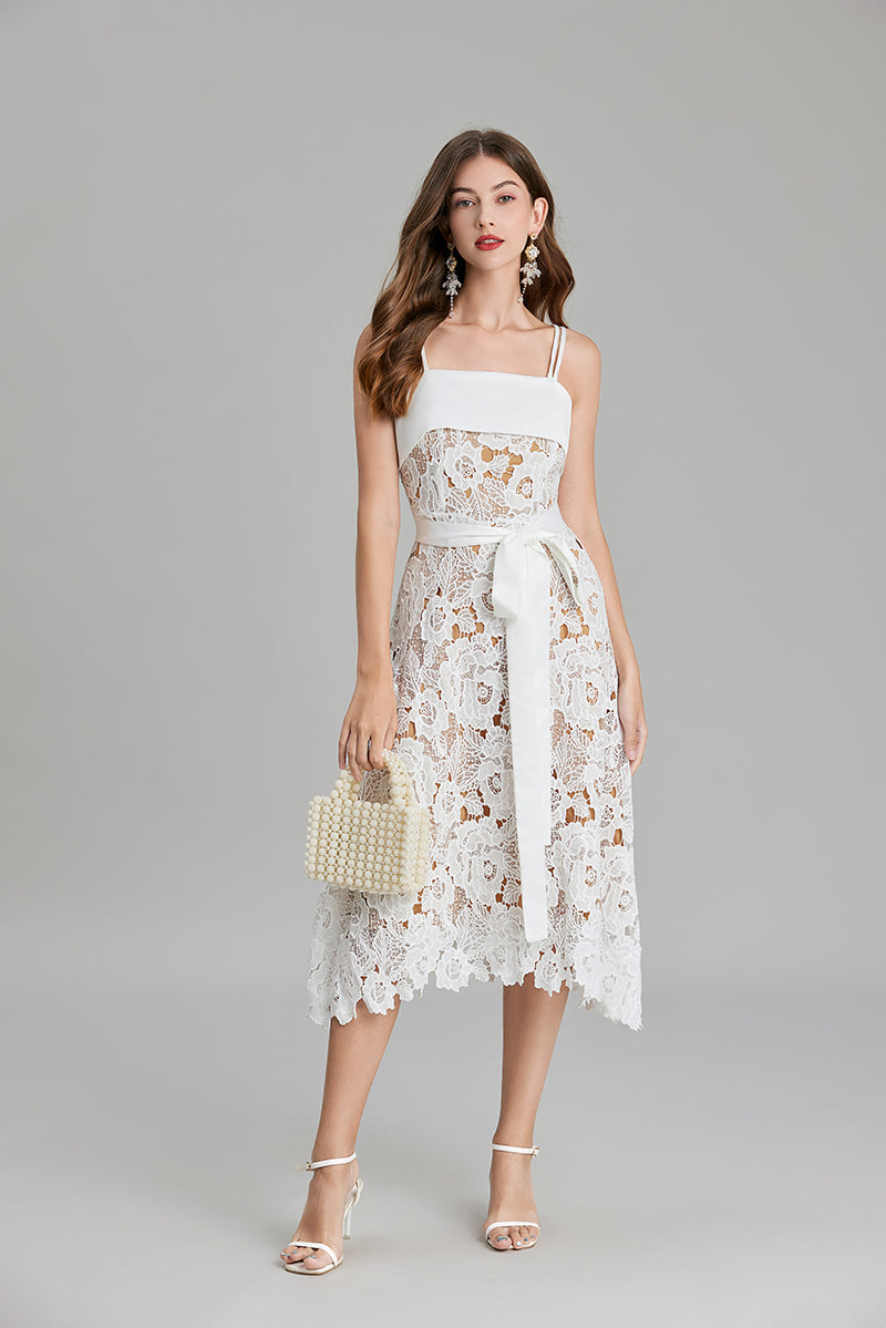 Women Summer Solid Embroidery Belted A Line Maxi Dress ESUNG