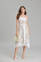 Women Summer Solid Embroidery Belted A Line Maxi Dress ESUNG