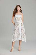 Women Summer Solid Embroidery Belted A Line Maxi Dress ESUNG