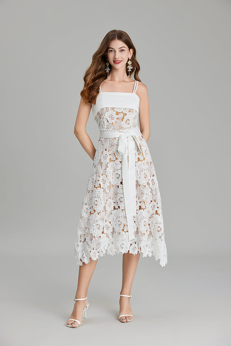 Women Summer Solid Embroidery Belted A Line Maxi Dress ESUNG