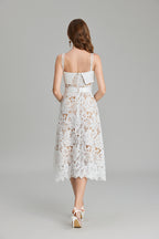 Women Summer Solid Embroidery Belted A Line Maxi Dress ESUNG