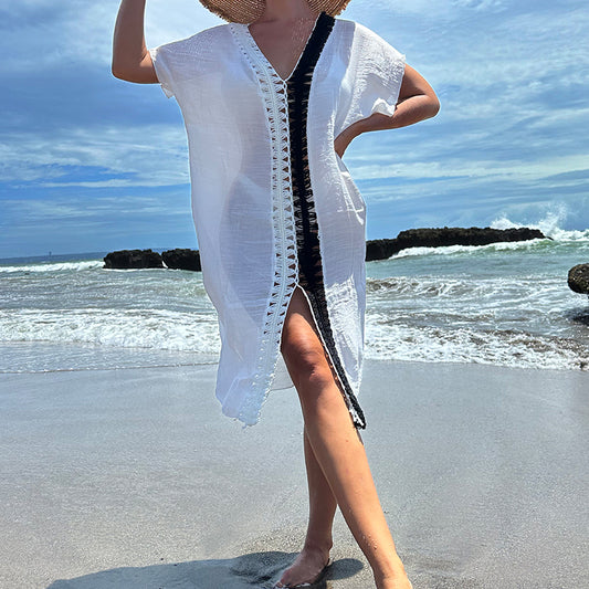 Holiday Hand Crocheting Stitching Contrast Color Beach Cover up See through Sun Protection Mid Slit Sexy Beach Cover up Crochet hook