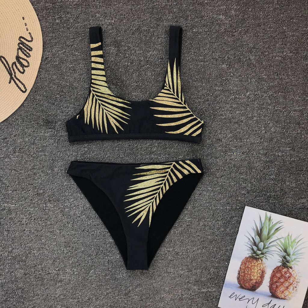 Maillot de bain fendu pour femme, imprimé feuilles dorées, bikini sexy