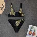 Maillot de bain fendu pour femme, imprimé feuilles dorées, bikini sexy