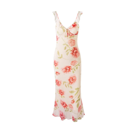 Spring Summer French Sexy Romantic Lotus Leaf Printed V neck Oblique Cut Fishtail Dress