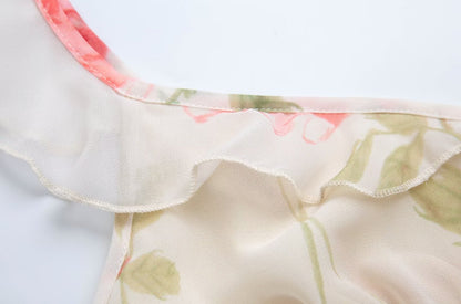 Spring Summer French Sexy Romantic Lotus Leaf Printed V neck Oblique Cut Fishtail Dress