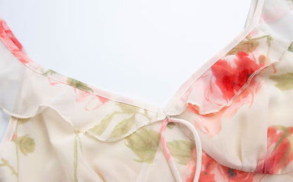 Spring Summer French Sexy Romantic Lotus Leaf Printed V neck Oblique Cut Fishtail Dress