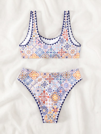 Bikini Sexy Bikini High Waist Print Crocheted Split Swimsuit Women Swimsuit