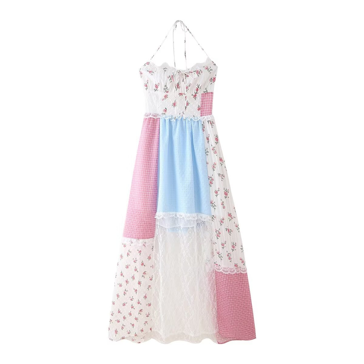 Sweet Halter Floral Stitching Dress Summer Sleeveless Women Vacation Dress CHEN