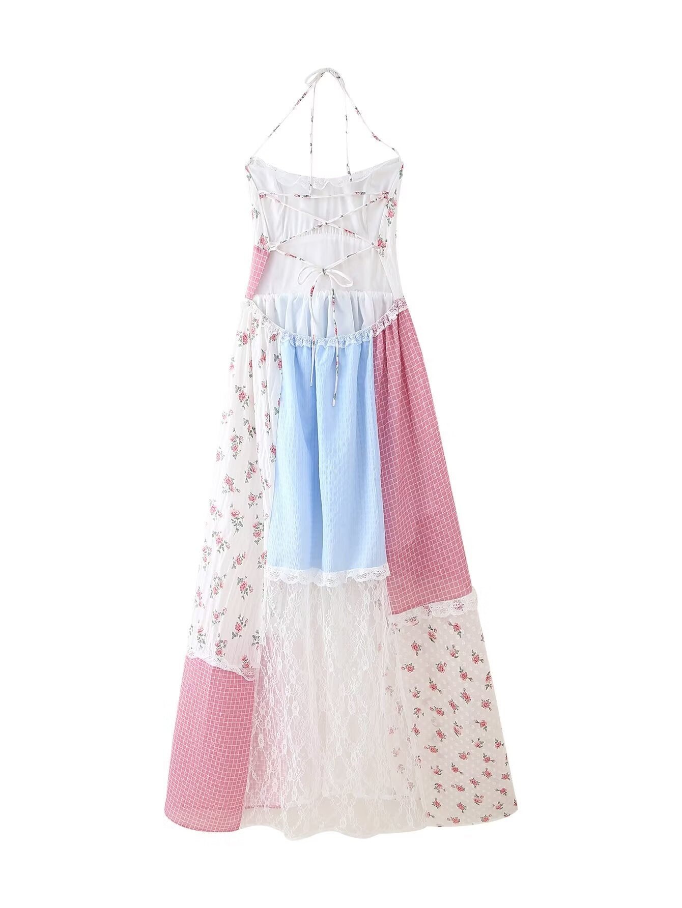 Sweet Halter Floral Stitching Dress Summer Sleeveless Women Vacation Dress CHEN