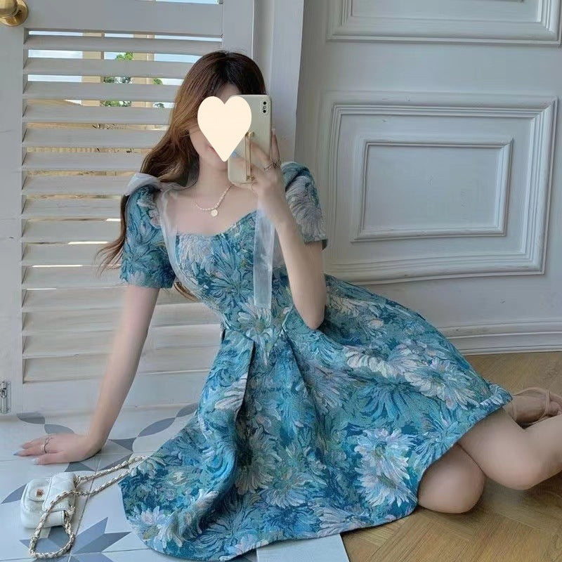 Floral Dress Women Summer French Cinched Short Dress Niche Design Sweet Puff Sleeve Dress KMERL