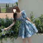 Floral Dress Women Summer French Cinched Short Dress Niche Design Sweet Puff Sleeve Dress KMERL