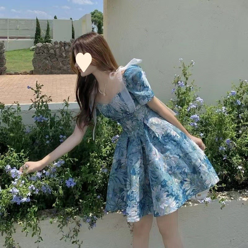 Floral Dress Women Summer French Cinched Short Dress Niche Design Sweet Puff Sleeve Dress KMERL