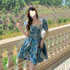 Floral Dress Women Summer French Cinched Short Dress Niche Design Sweet Puff Sleeve Dress KMERL