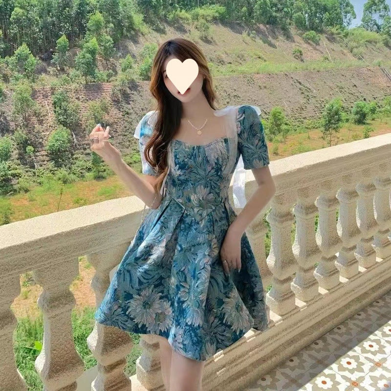 Floral Dress Women Summer French Cinched Short Dress Niche Design Sweet Puff Sleeve Dress KMERL