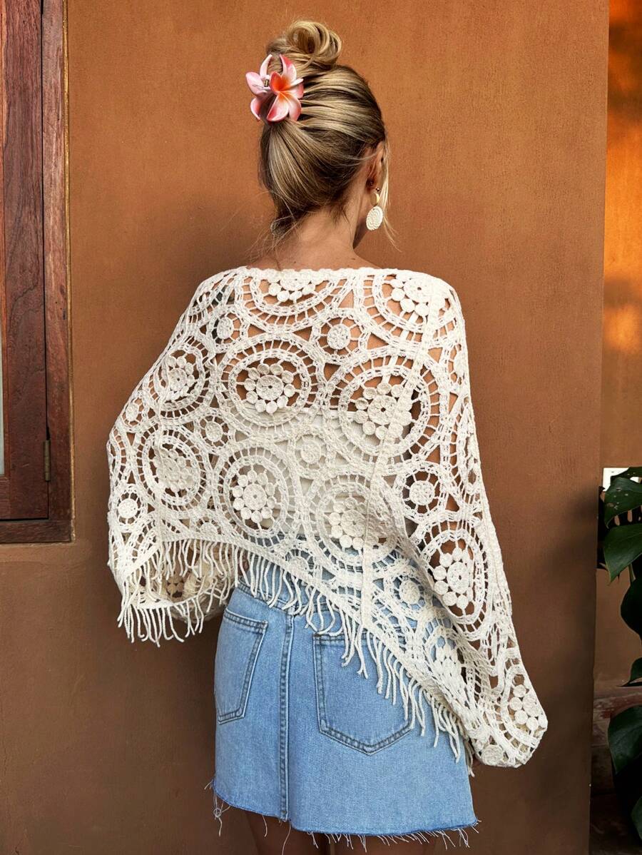Women Summer Vacation Long Sleeve Solid Short Top Crochet hook Reddy