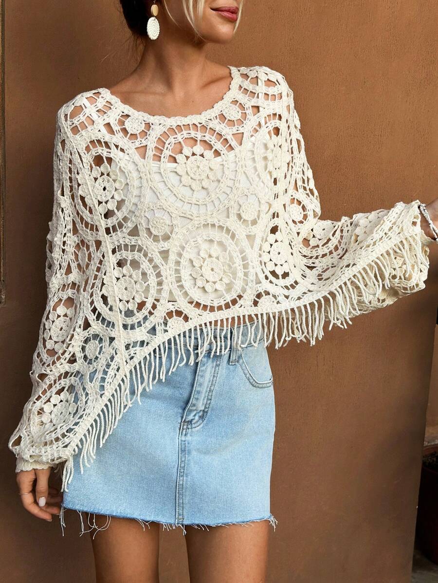 Women Summer Vacation Long Sleeve Solid Short Top Crochet hook Reddy