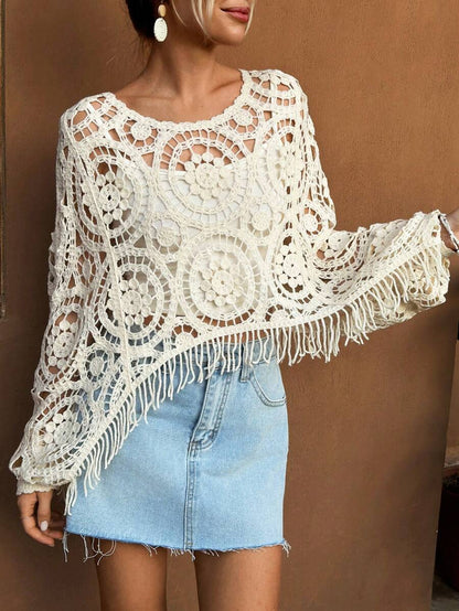 Women Summer Vacation Long Sleeve Solid Short Top Crochet hook