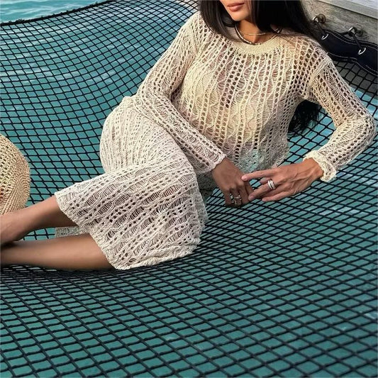 Blusa de punto de manga larga con cuello redondo holgado y aberturas laterales para mujer de verano