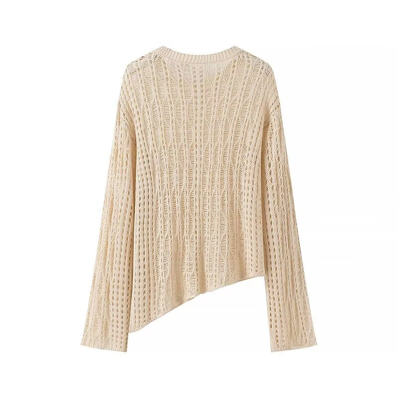 Blusa de punto de manga larga con cuello redondo holgado y aberturas laterales para mujer de verano