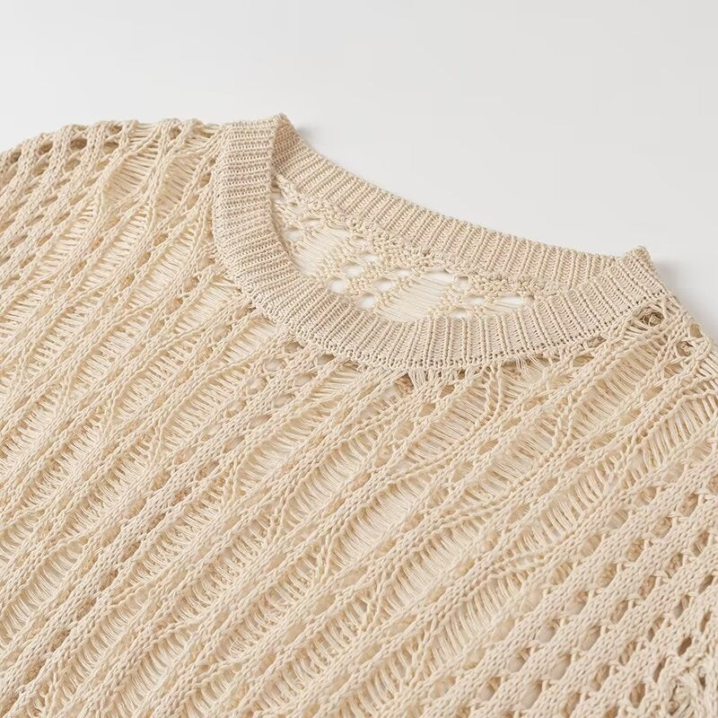 Blusa de punto de manga larga con cuello redondo holgado y aberturas laterales para mujer de verano