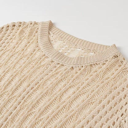 Blusa de punto de manga larga con cuello redondo holgado y aberturas laterales para mujer de verano